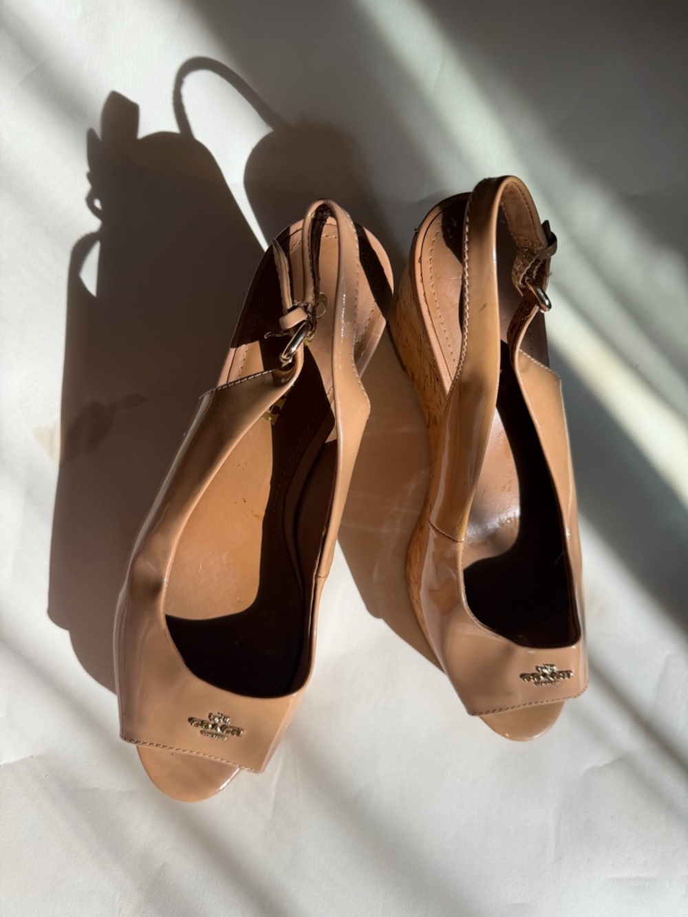 Coach Nude/Tan Peep-Toe Leather wedges with Logo Accent - Picture 10 of 10